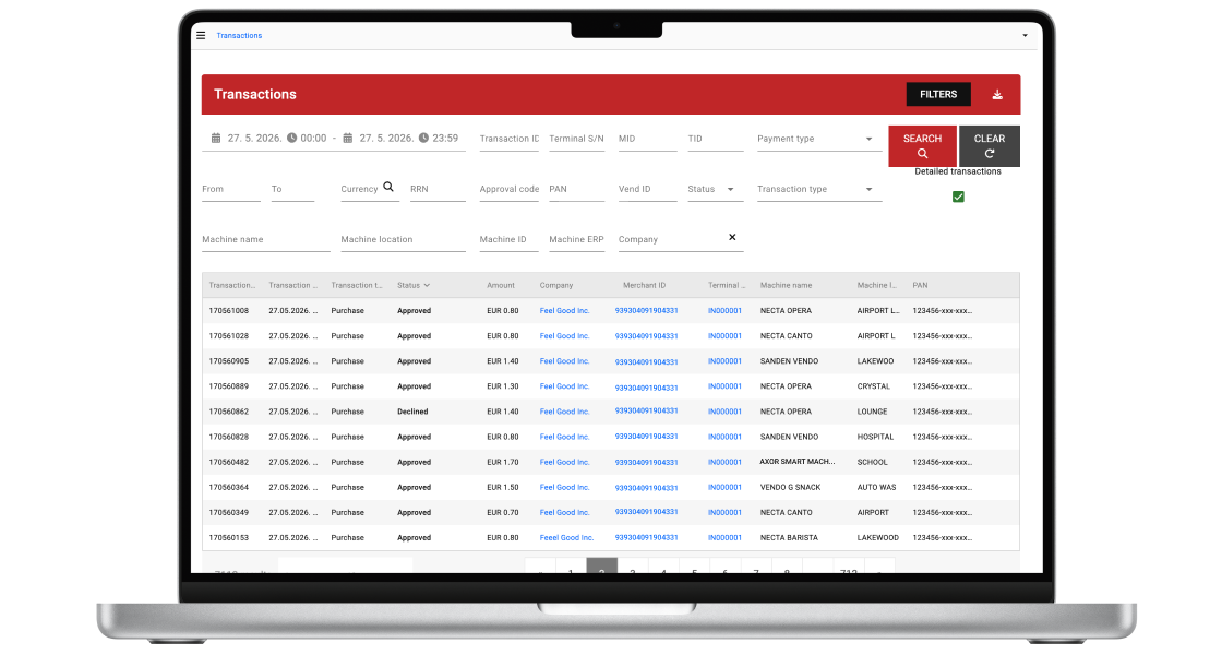 Televend's Payment Portal showcasing the transaction list.