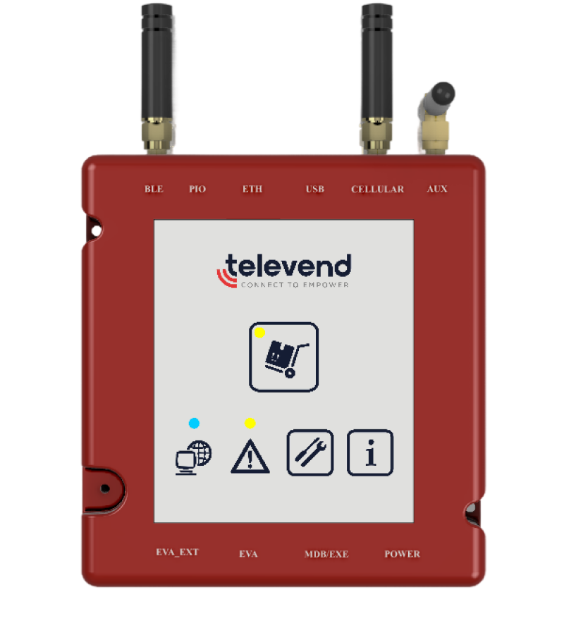 televend-box-t42-telemetry-device Televend Box is a telemetry device that works as a Master in MDB, EXE, BDV, and CSI/CCI protocols, capturing all machine transactions. It also generates its own DTS/DEX file and reads/writes DTS/DEX files to the machine.